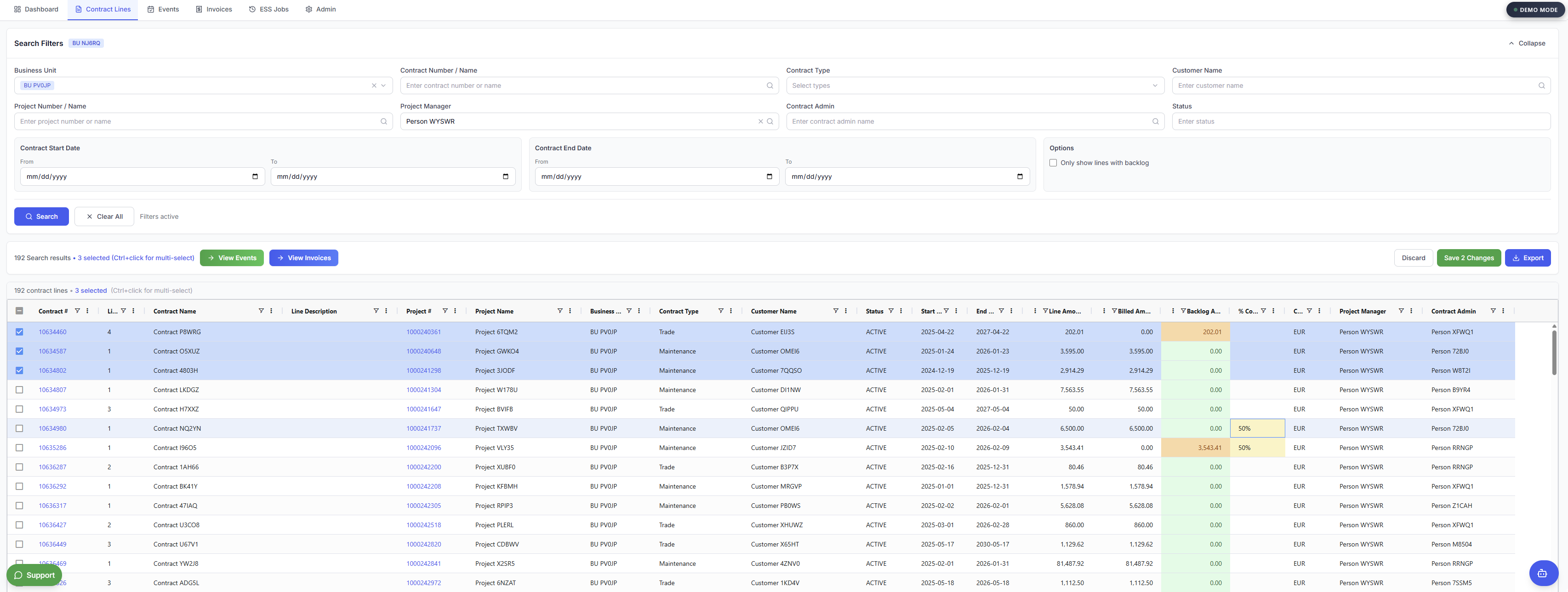 Contract Line Search - Billing Hub
